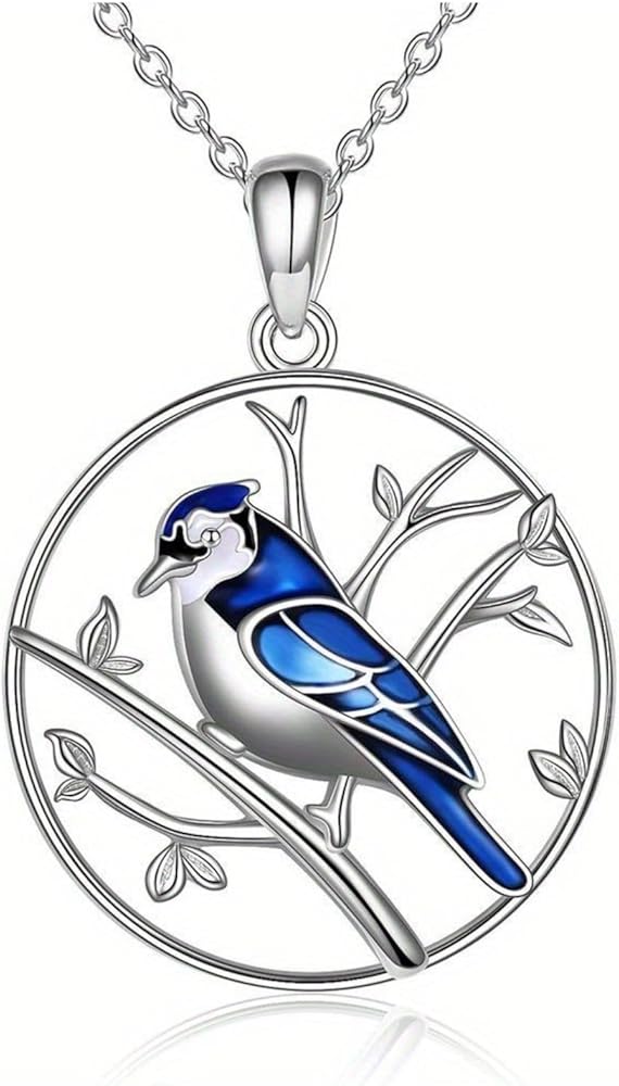 Blue Jay Pendant Necklace for Women Personalized Blue Bird Round Necklace Animal Lover Jewelry