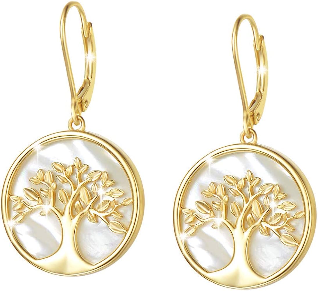 Agvana Christmas Gifts Gold Tree of Life Necklace Earrings for Women Gold Plated Sterling Silver Genuine Mother of Pearl CZ Family Tree Jewelry Anniversary Birthday Gifts for Women Mom Wife