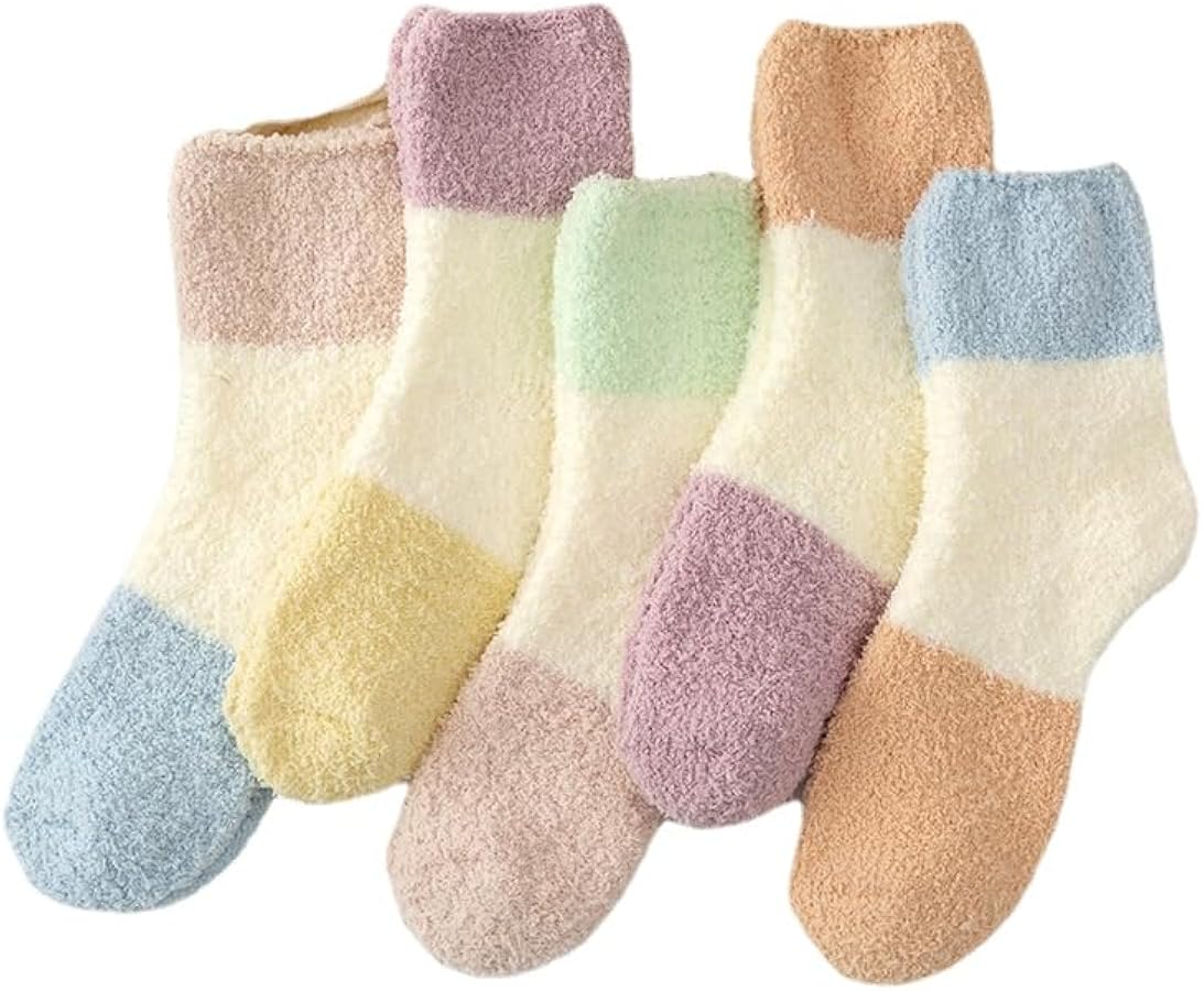 Kelabia Women Fuzzy Socks 5 Pair Contrast Color Cute Socks Winter Thickened Warm Fluffy Socks Aesthetic Slipper Home Socks