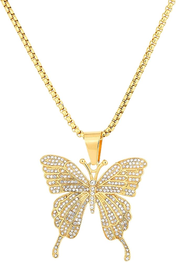 18K Gold Plated Iced Out Stainless Steel Animal Butterfly Pendant Necklace