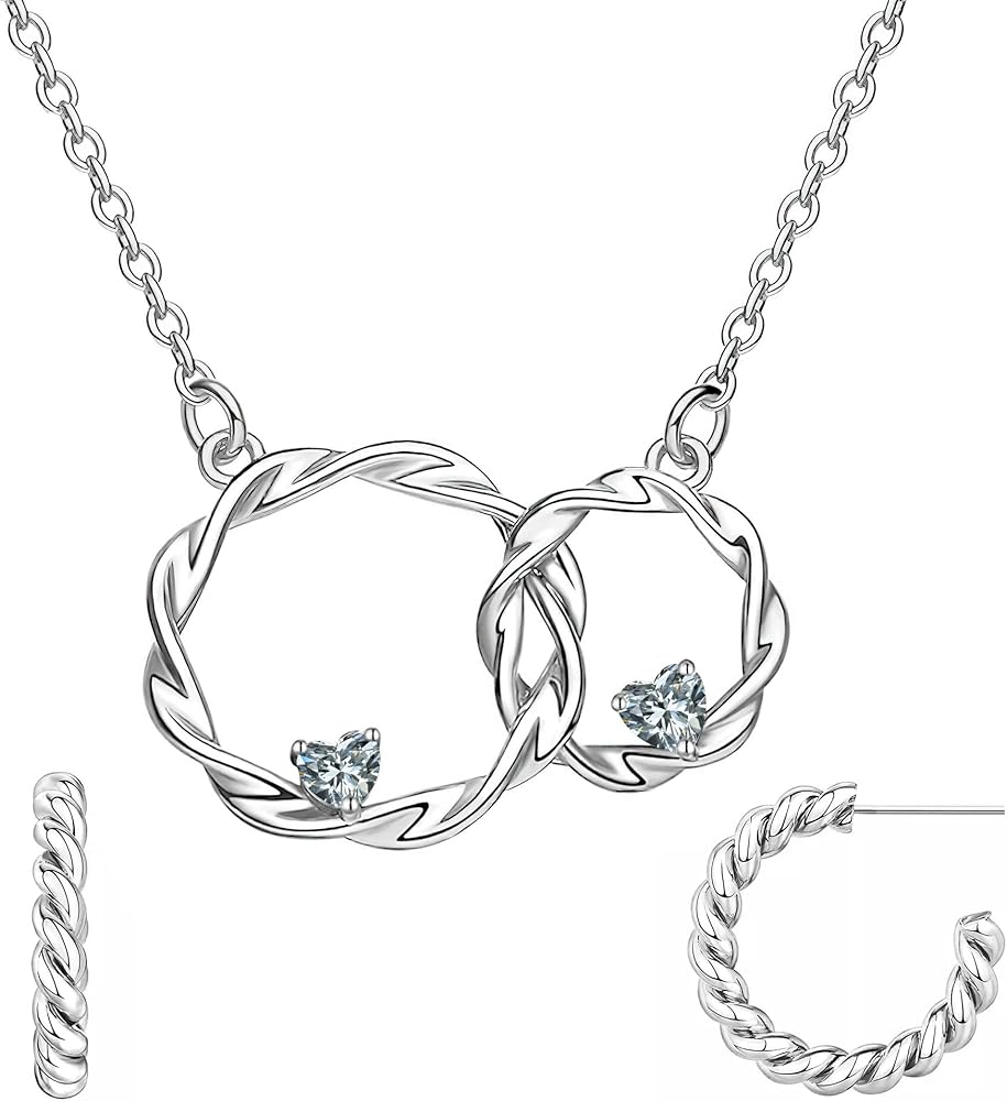 Dainty Sterling Silver Necklace for Women, Interlocking Circles Pendant Necklace and C-Shaped Earrings, Non-Tarnish Silver Chain Choker Necklace Hypoallergenic Sister Necklaces