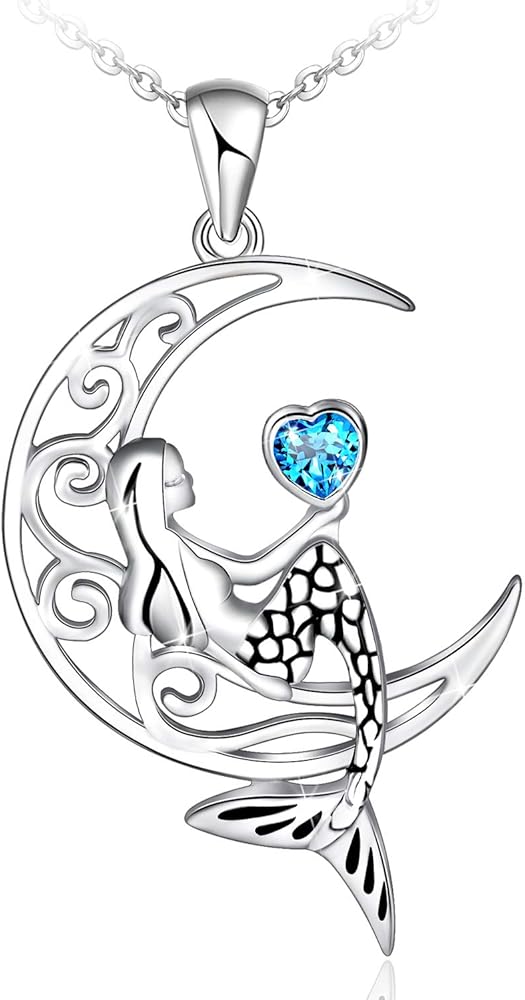 Distance 925 Sterling Silver Classic Sea Mermaid Crescent Moon Necklace Pendant Valentine's Gifts Jewelry for Women Daughter