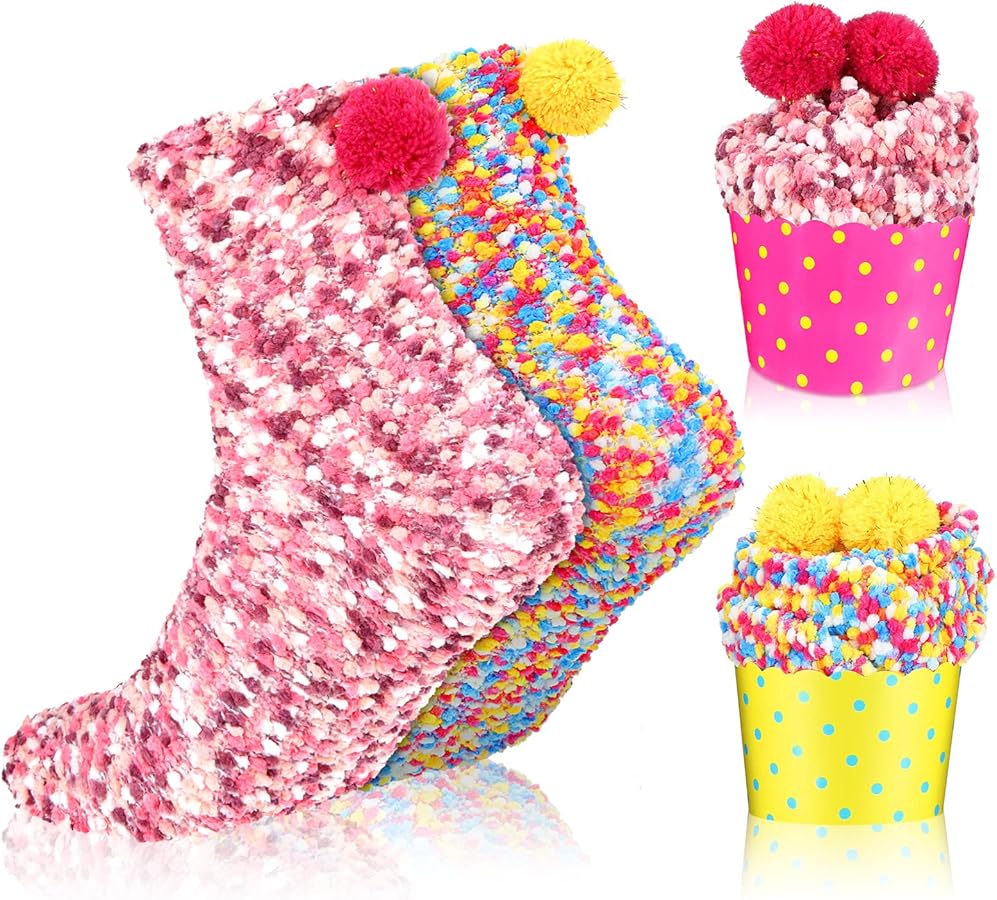 SATINIOR 2 Pieces Cupcake Socks DIY Present Socks Women Fuzzy Winter Fluffy Socks for Christmas Valentine's Day (Pink, Colorful)