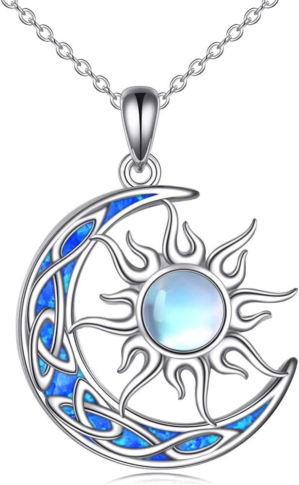 Sun and Moon Necklace for Women 925 Sterling Silver Celtic Crescent Moon Pendant Blue Opal/White Opal/Abelone Shell/Labradorite/Moonstone Jewelry Gift for Teen Girls