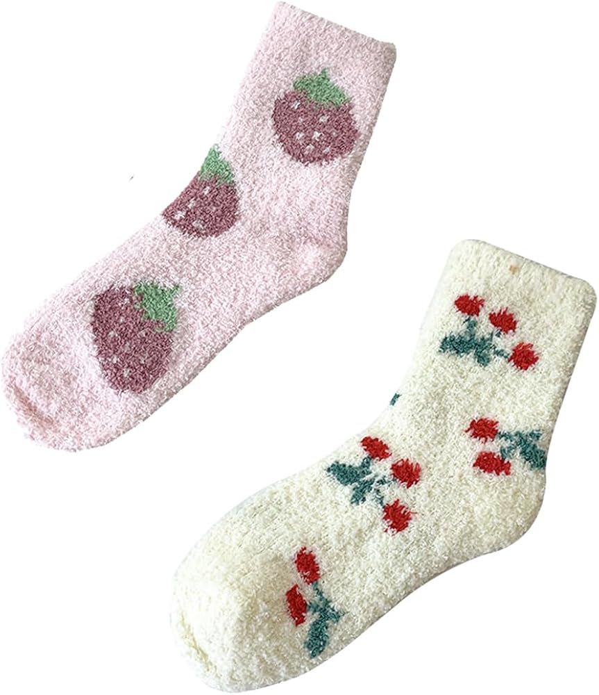 HEILA Women's Soft Fuzzy Fleece Warm Winter Ankle Socks Set with Cute Fruit Pattern 2 Pair Sleep Socks