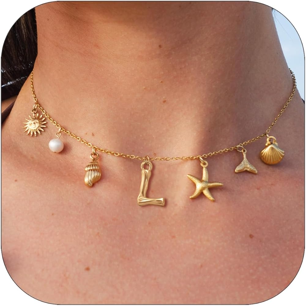 Initial Charm Necklace For Women Shell Letter Necklaces Gold Charms Pendant Boho Summer Seashell Beach 14k Starfish Surfer Jewelry Gifts