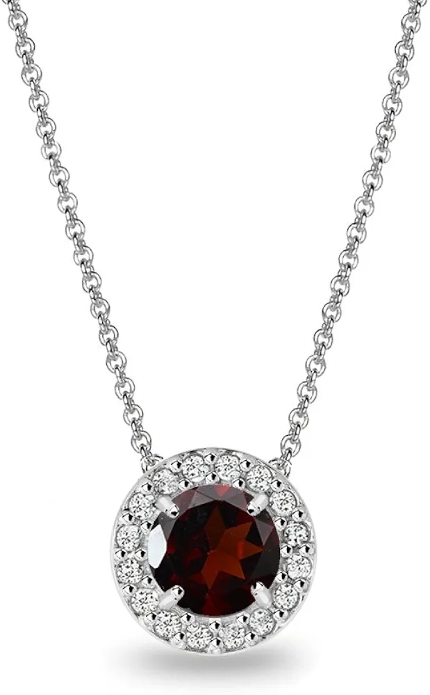 B. BRILLIANT Garnet Necklace for Women Sterling Silver Round Halo Pendant Necklaces Bridesmaids Valentines Day Birthday