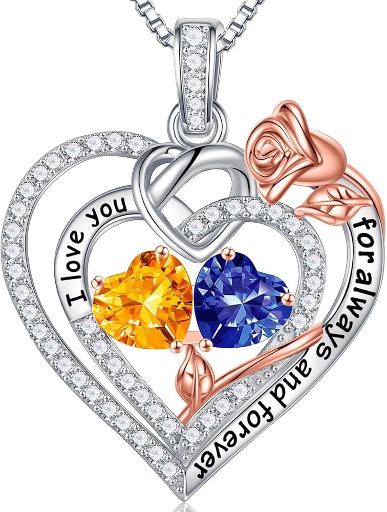 Iefil Christmas Gifts for Women Wife - 925 Sterling Silver Rose Heart Birthstone Necklace, Anniversary Birthday Gifts for Women, Jewelry Gifts for Women Wife Girlfriend Mom