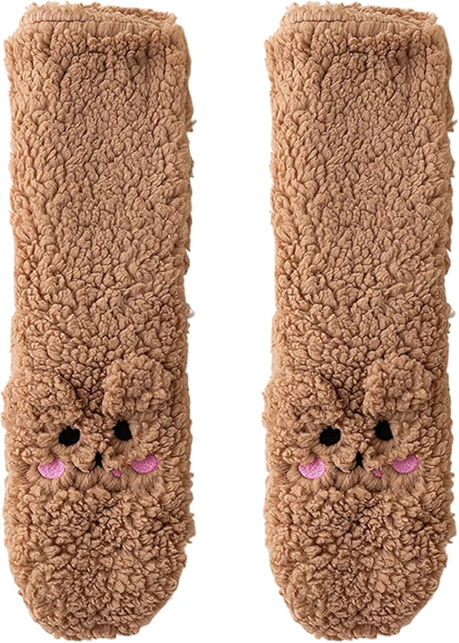 Little Bear Ultra-thick Cozy Slipper Home Socks, Cute & Warm Fuzzy Sleeping Socks for Women Kids No Heel for Winter Relaxation