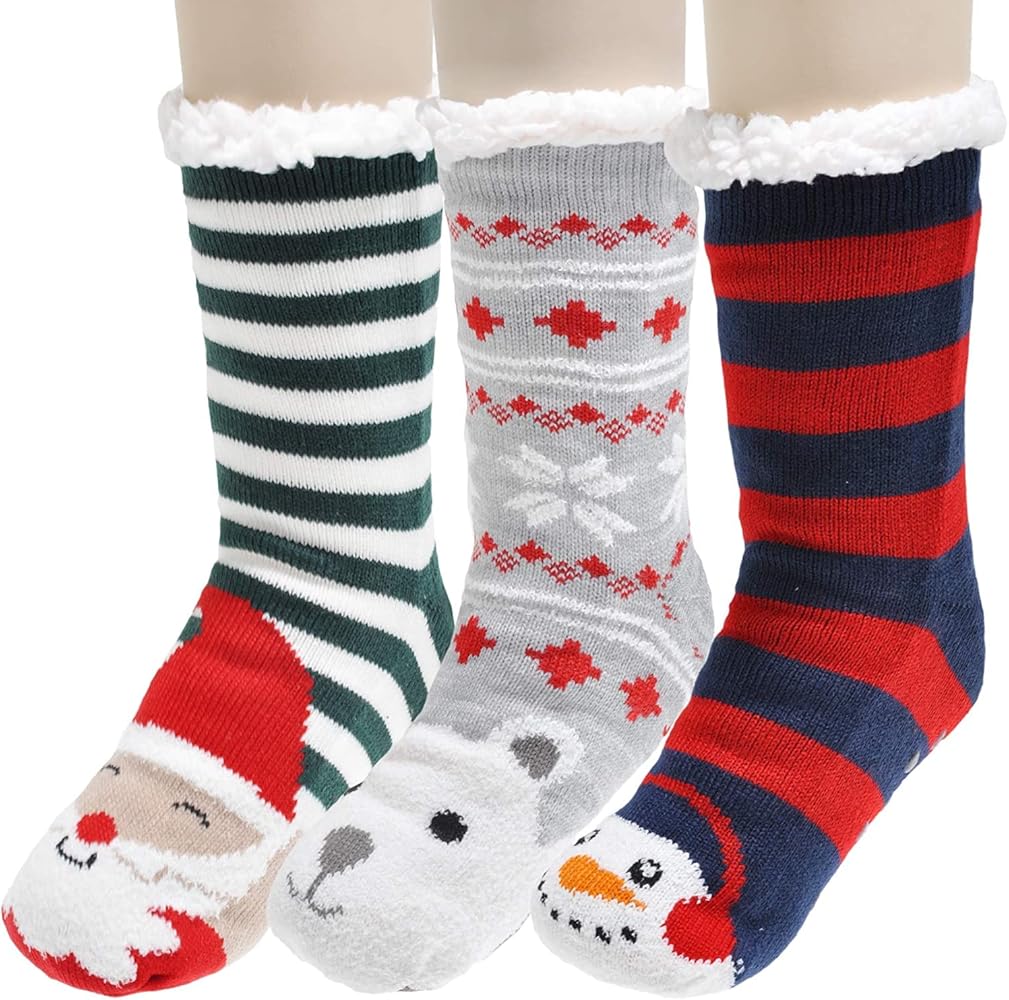 Gilbins Winter-Weight Thermal Thick Knit Fleece-Lined Cozy Sherpa Lined Fuzzy Slipper Socks With Grippers (3 Pack)