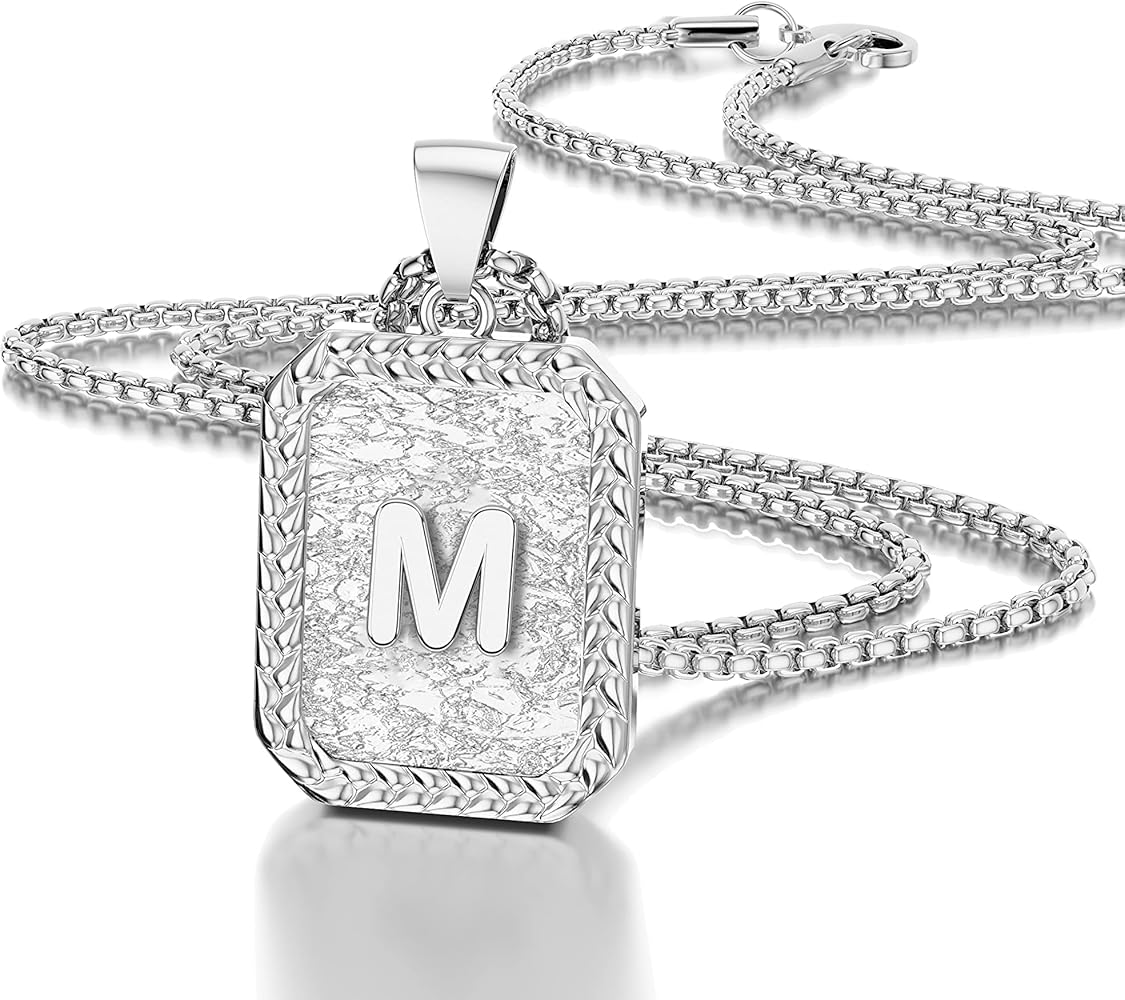 Initial Letter Pendant Necklace for Men Women Black/Silver/ 18K Gold Plated Box Chain Necklace 20 Inches Initial Necklaces for Men