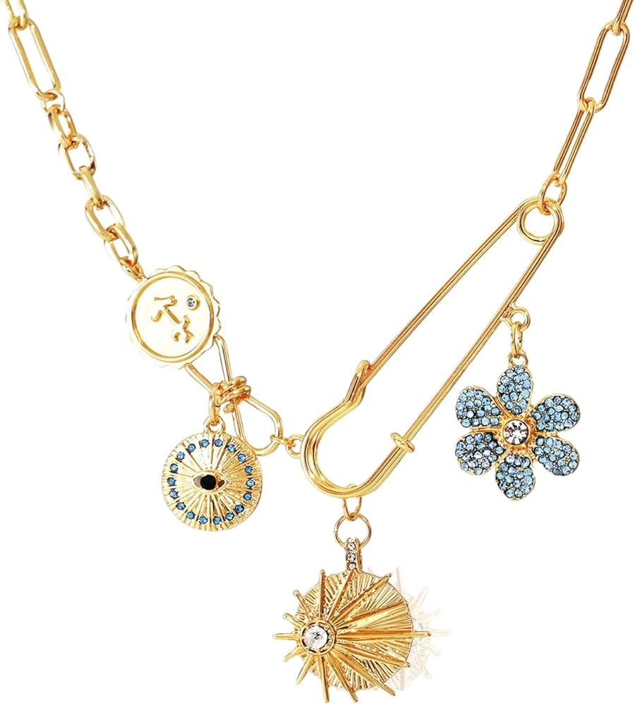 Chunky Gold Necklace for Women Charm 18K Gold Plated Pendant Necklace Rhinestone Chain Statement Jewelry