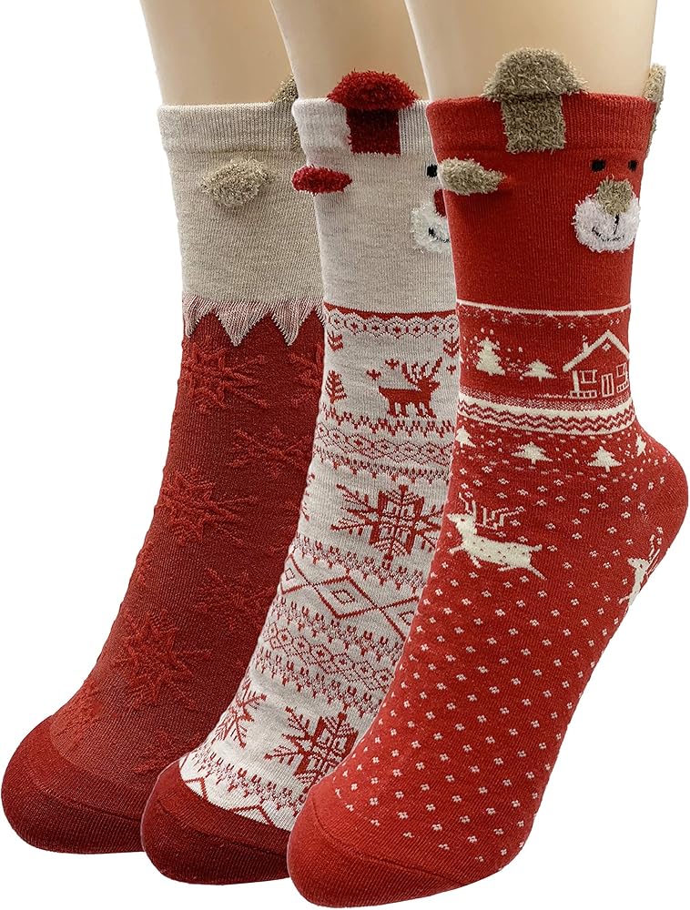 Koreshion 3 Pairs Women’s Christmas Holiday Socks Crew Cozy Socks Casual Socks Cotton Novelty Design for Christmas Gifts