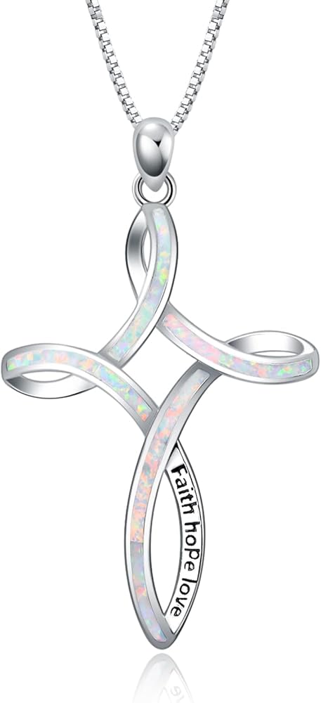 WINNICACA Opal Cross Necklace for Women, 925 Sterling Silver Necklace for Women, Celtic Knot Blue White Opal Pendant Jewelry Chritsmas Birthday Christian Gifts for Women Her Wife Mom Daughter