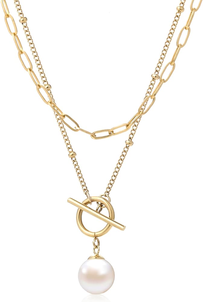 Gold Layered Pearl pendant Necklaces, 18K Gold Plated Initial Paperclip Link Chain Necklace Necklace Jewelry Gifts for Women
