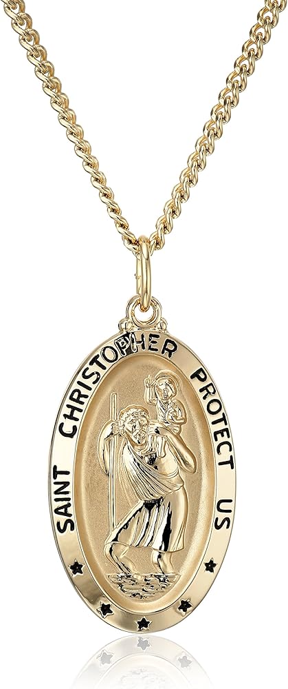 Amazon Essentials Oval Saint Christopher Medal Necklace with Rhodium Plated Stainless Steel Chain, 20", (previously Amazon Collection)