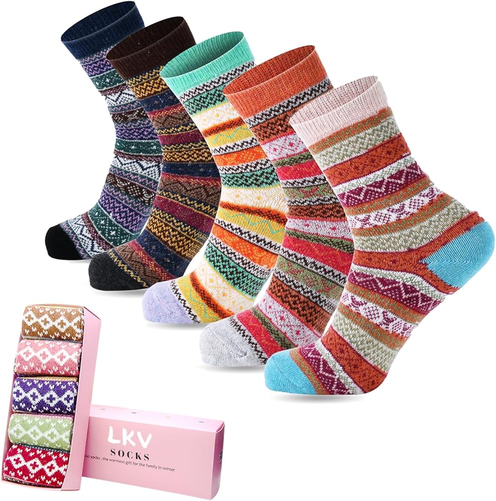 LKV Womens Socks Vintage Thick Socks Fall Socks Gifts for Women Cotton Cozy Socks Box