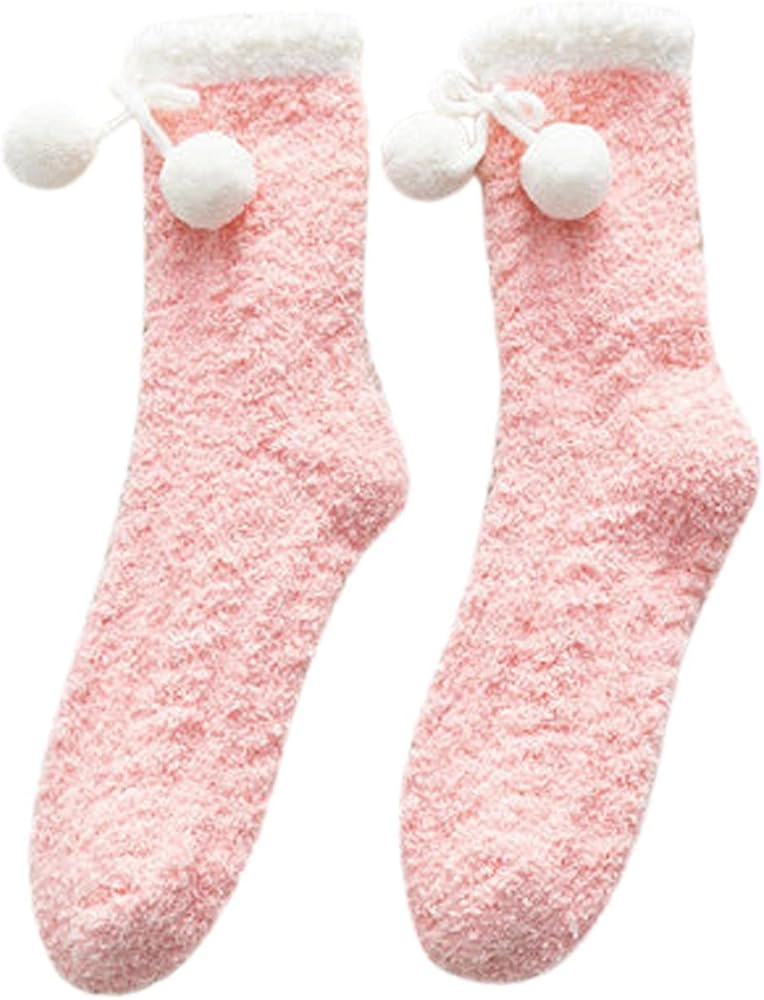 Plush Slipper Socks with Pom Pom Women Winter Warm Soft Cozy Fluffy Microfiber House Sleeping Slipper Socks