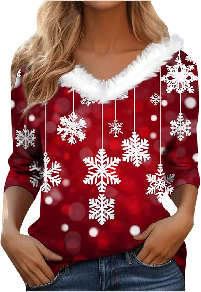 Christmas Floral V Neck Long Sleeve T Shirt with Collar for Women Cap Sleeve V Neck