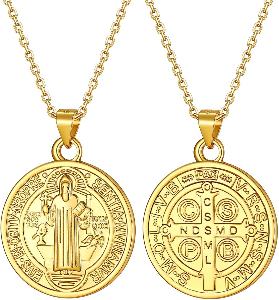 U7 Saint Benedict Medal Necklace 18K Gold or 316L Stainless Steel Christian Sacramental Medal Ward Off Evil Protection Jewelry Catholic Gift for Men Women, Customizable