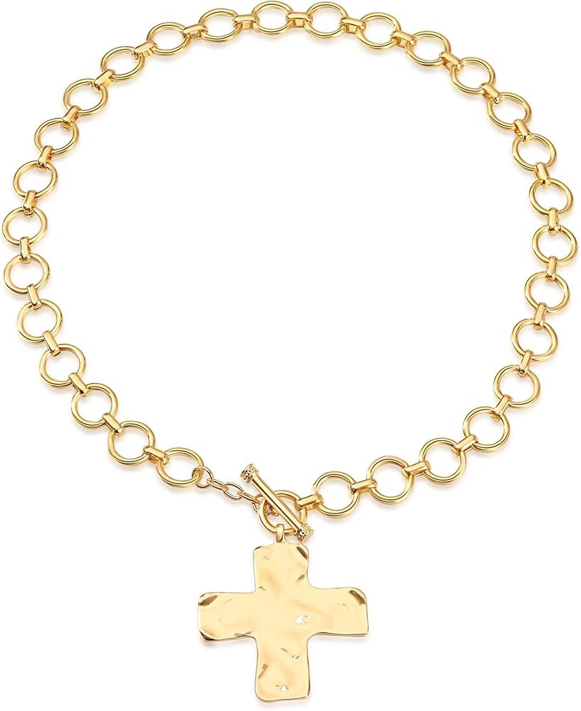 MQV Cross Necklace Chunky Statement Gold Cross Pendant Necklace Hammered Bold Cross Necklace Thick Chain Chunky Gold Statement Pendant Necklace Vintage Chain Pendant Jewelry (chunky cross)