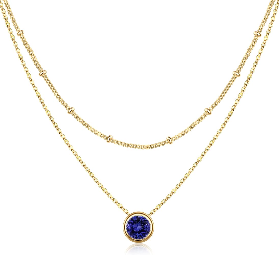 MONOOC Layered Birthstone Necklace for Women, 14K Solid Gold Over Paperclip Chain Necklace Classic Round Pendant Birthstone Necklace Birthstone Jewelry for Women Gifts Birthday Gifts