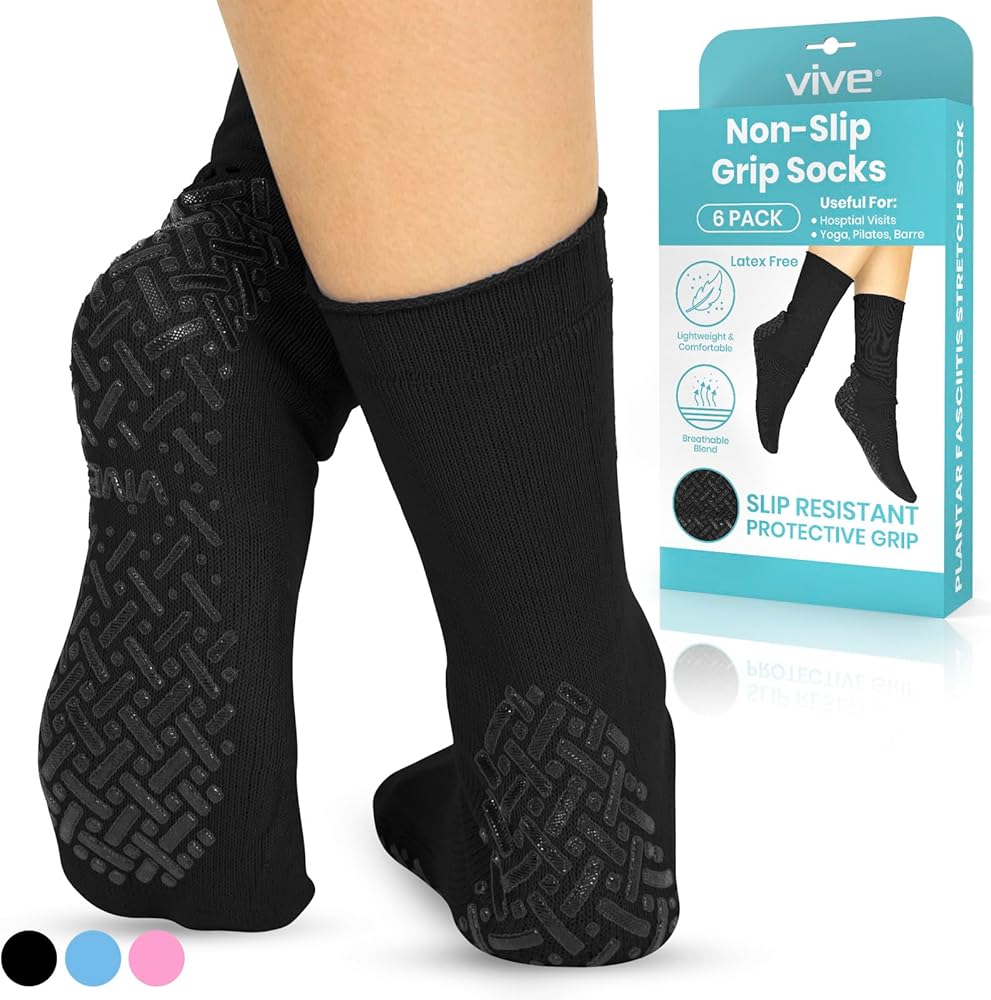 Vive Non-Slip Grip Socks (6 Pairs) - Slipper Socks for Women, Men - Anti-Slip Gripper Socks for Hospital, Yoga, Pilates