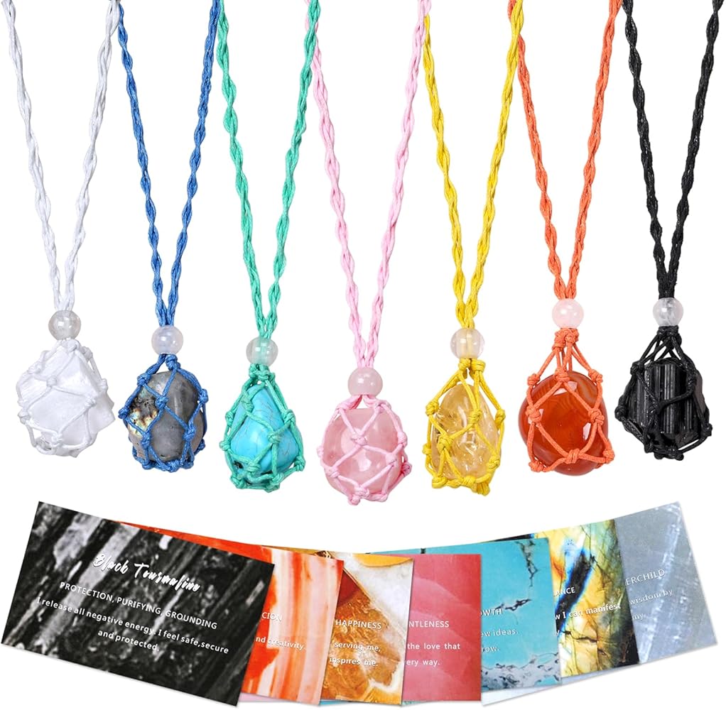 7 Chakra Healing Crystal Necklace Set - Boho Handmade Cord Cage and Hippie Energy Pendant Holder Real Crystal and Healing Stone Jewelry Spiritual Gift for Women Teen