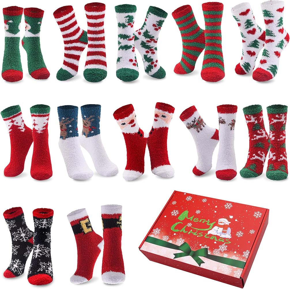 Duufin 12 Pairs Christmas Fuzzy Socks for Women and Girls Cozy Fluffy Socks Santa Elk Snowflake Christmas Socks Warm Fuzzy Winter Socks Holiday Socks