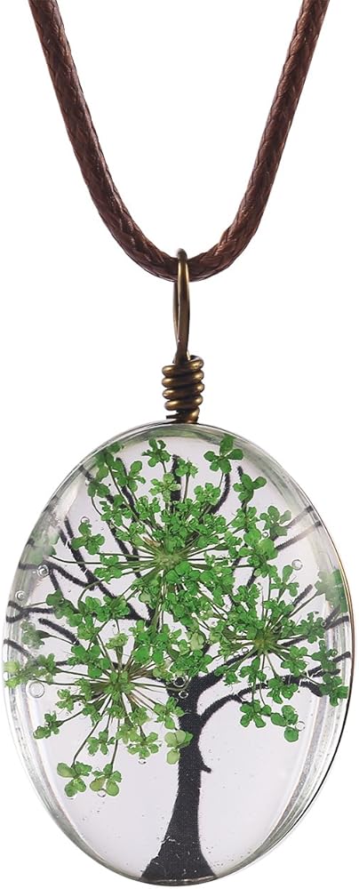 FM FM42 Life of Tree Multi Colors Queen Anne's Lace Dried Flowers Oval Pendant Necklace (4 Colors)