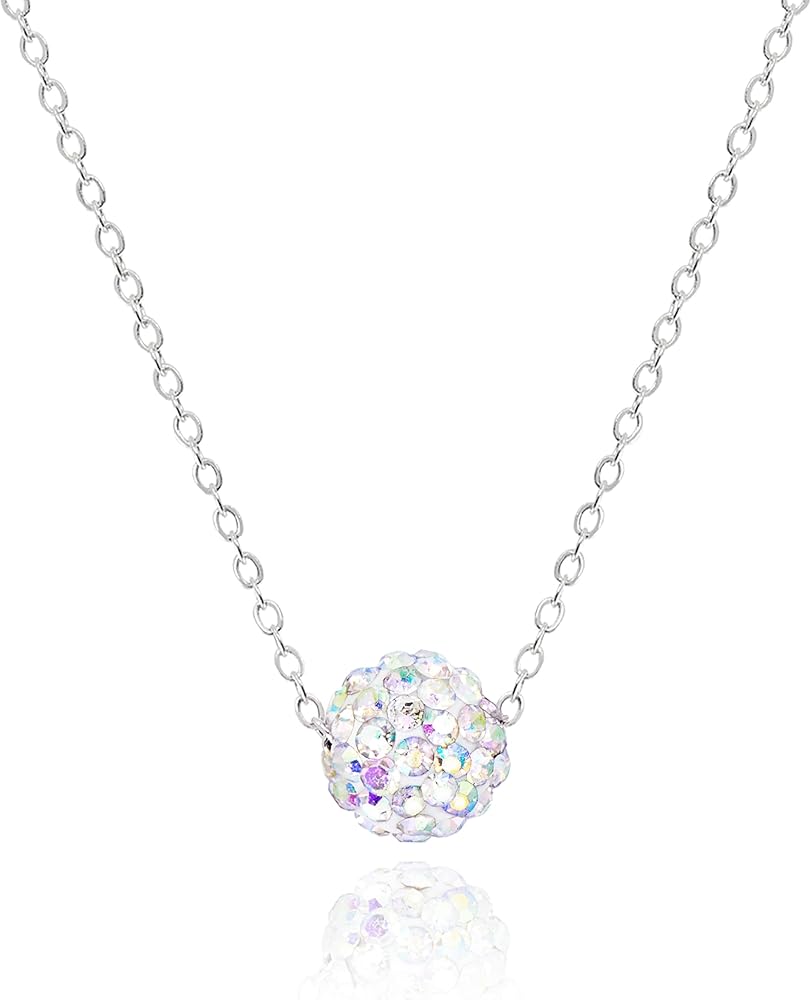 Dainty Bling Bead Ball Necklace for Women • Rhodium Silver Plated Cute Slide Mirror Disco Ball Charm Necklaces 15" - 17" • Rhinestone Pendant Choker Jewelry [MBN]