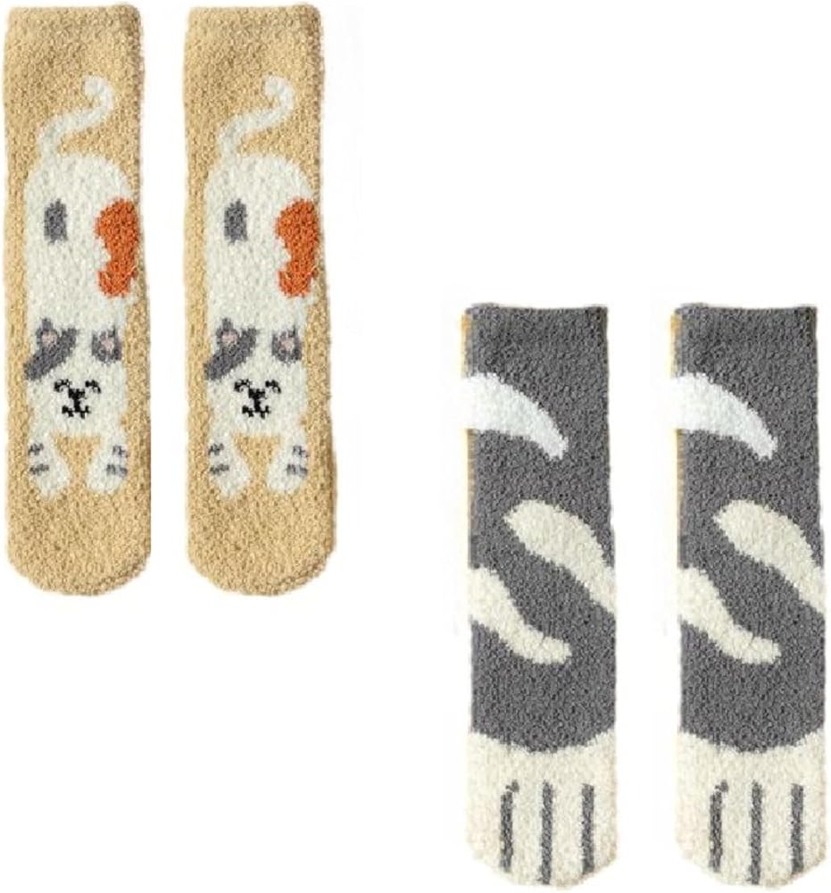 2 Pairs of Women's Coral Velvet Socks, Cute Cat Paw Socks, Fall Winter Sleeping Socks, Adult Non-Slip Indoor Socks