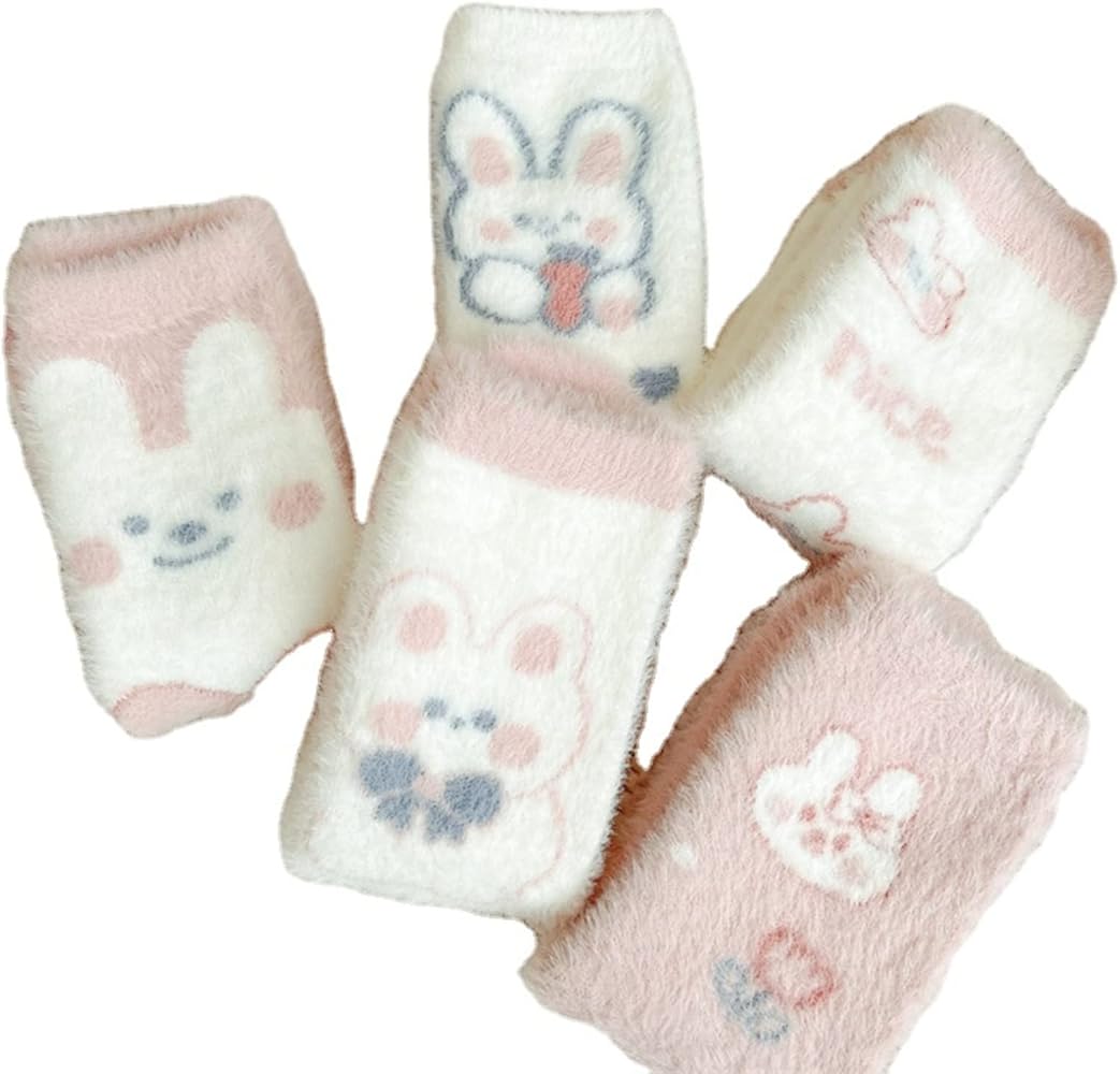 Women's cute cartoon mink warm socks, soft fluffy plush thick winter sleeping socks, floor cotton socks, indoor (5 pairs)