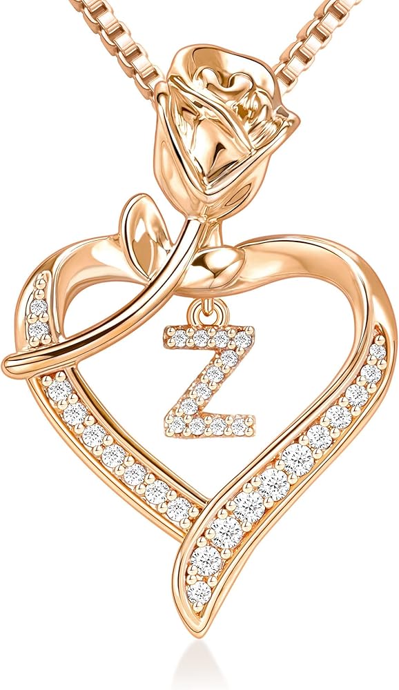 JSJOY Initial Necklaces for Women Gifts for Women, Rose Heart Necklace for Mom Letter Pendant A-Z Necklace Jewelry Gifts for Her Wife Girlfriend