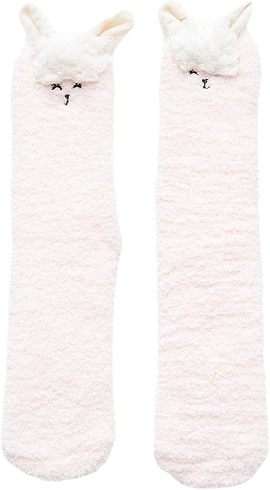 Women Girls Coral Fleece Slipper Socks Cartoon Animal Ears Thicken Warm Thermal Fuzzy Floor Indoor Sleeping Socks