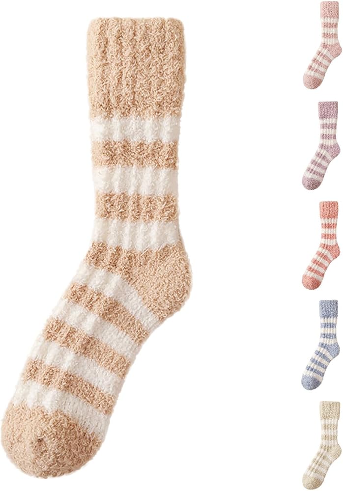 Womens Stripes Fuzzy Socks Cute Fluffy Socks Soft Slipper Socks Fleece Sleeping Socks Plush Winter Warm Bed Socks