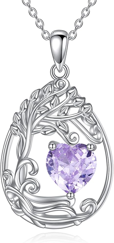 Tree of Life Birthstone Necklace Sterling Silver Teardrop Pendant Birthstone Necklace Gemstone Anniversary Birthday Jewelry Graduation Gifts for Women Wife