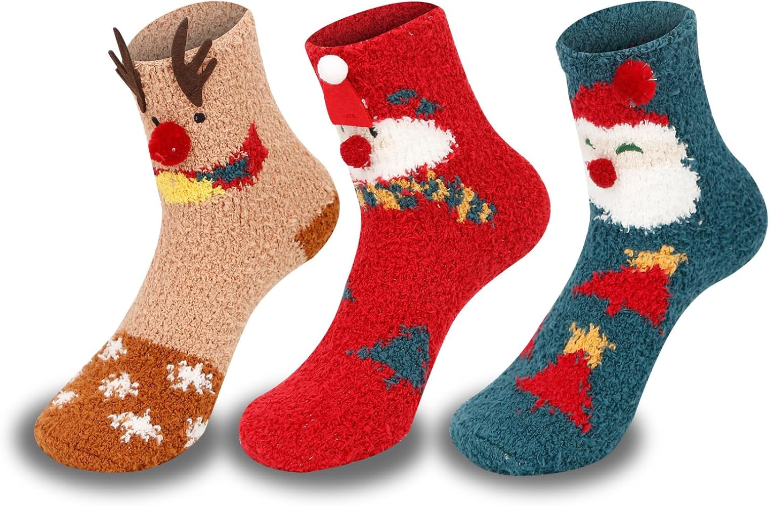 Christmas Fuzzy Socks for Women 3 Pairs Winter Warm Cosy Holiday Slipper Socks Xmas Gifts for Women