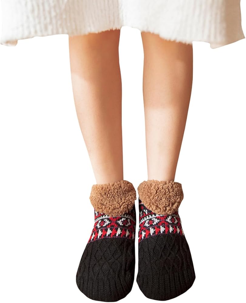 Rain House Fuzzy Socks with Grips for Women & Men Non Slip Sock Anti Skid Slipper for Winter Indoor Warm Cozy Soft Sleep Sock