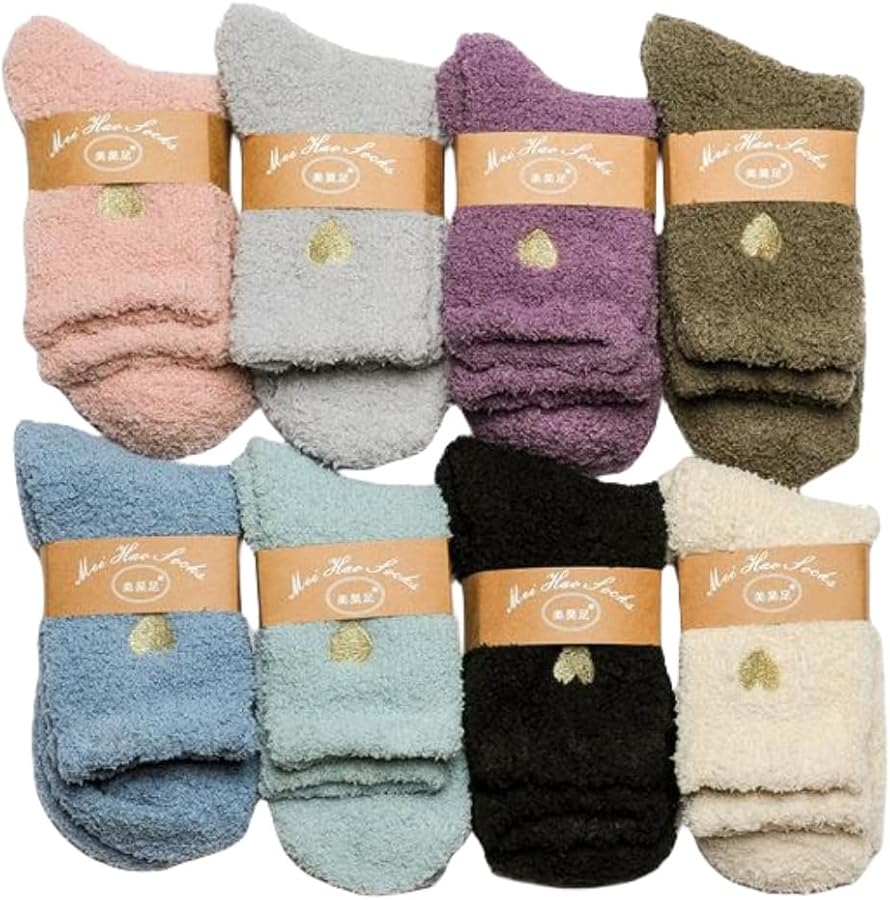 Fuzzy Socks Heart Shaped 8 Pairs Winter Mid-Calf Slipper Socks for Women Thick Fluffy Socks with Embroidered Heart