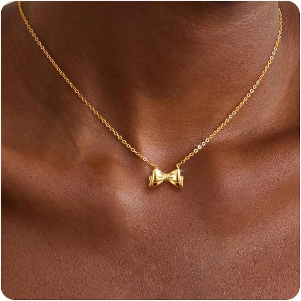 Gold Bow Necklaces for Women Dainty Cute Non Tarnish Gold/Pearl Pendant Necklace for Women Trendy Simple Gold Charm Necklace Waterproof Jewelry for Women