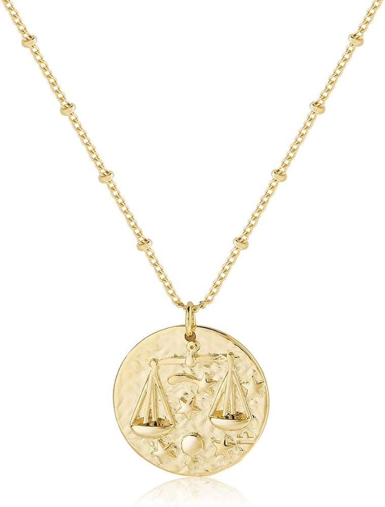 Zodiac Coin Embossed Choker Necklace Disc 12 Constellation Astrology Horoscope 14K Gold Plated Round Pendant Personalized Necklace Gift for Women Men