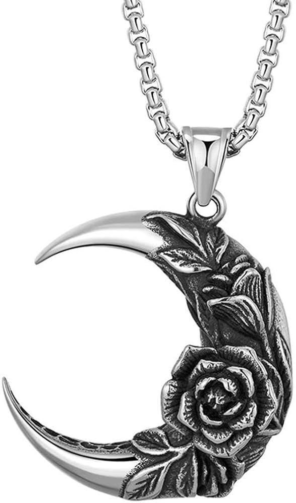Jude Jewelers Stainless Steel Moon Crescent Shape Rose Flower Antique Vintage Cocktail Party Biker Pendant Necklace