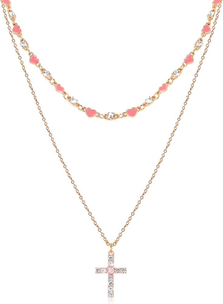 Gold Layered Cross Pendant Necklace for Women Pink Heart Rhinestone Beaded Choker Strand Necklace with Cross Charm Vintage Statement Necklace Y2K Adjustable Religious Summer Beach Jewelry Gift for Her