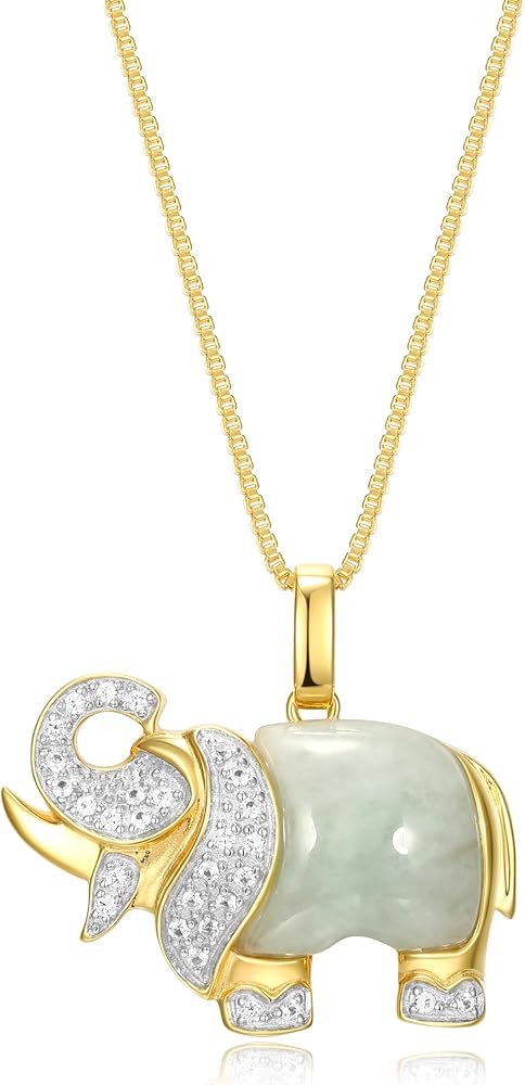 MORGAN & PAIGE .925 Sterling Silver 18K Gold Plated Genuine Jade Necklaces for Women - Elephant & White Sapphire or Turtle & 1/10 cttw Diamond Pendant, Animal Gold Necklace for Women Jewelry 18"