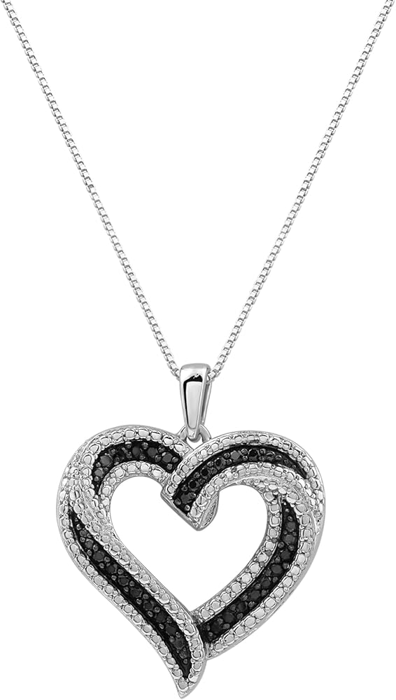 GILDED Sterling Silver Necklace with Natural Round-Cut Black Diamond and Heart Shaped Pendant, 18-inch White Silver Chain, 1/4 Carat Total Weight Diamonds, Elegant Gift Box Included