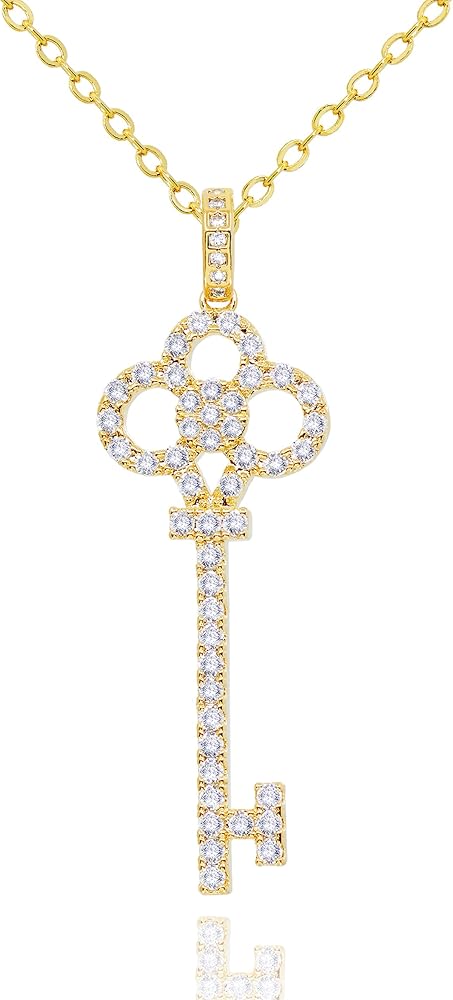 14K Gold Plated Key Necklace for Women • CZ Cubic Zirconia Key Pendant Layering Necklaces • Non-Tarnish Sparkly Jewelry Gifts for Her Mom [KN-CZ]