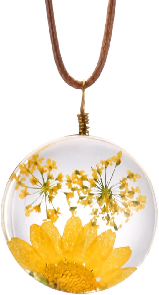 FM FM42 Queen Anne's Lace Daisy Pressed Flowers Transparent Round Pendant Necklace (7 Colors)