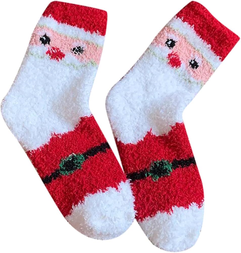 BCDlily Compression Socks For Women Fuzzy Christmas Socks for Women Red Green Xmas Tree Snowman Printed Crew Sleep Socks Warm Fluffy Slipper Socks