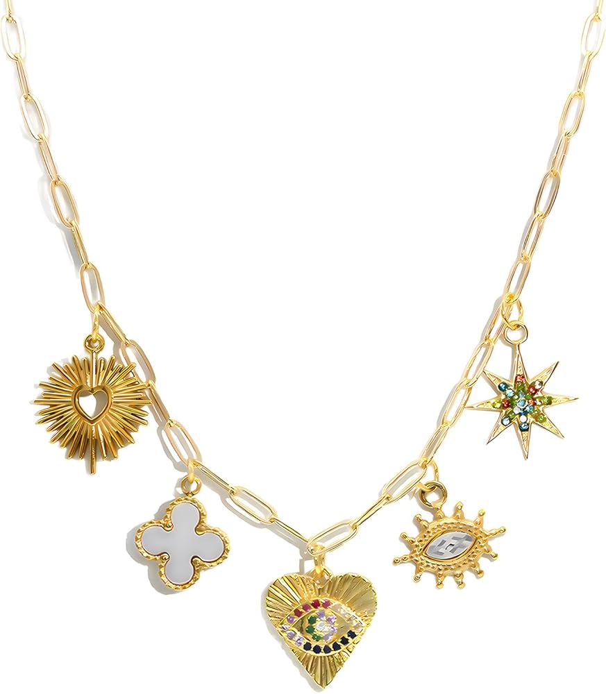 Gold Charm Necklace for Women DIY Fruit Seashell Beach Charm Necklace Sun Moon Coins Silver Paperclip Chain Charm Necklace Cowgirl
